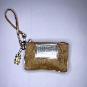 Coach Poppy Metallic Gold Jacquard & Leather Zip Charm Wristlet Wallet